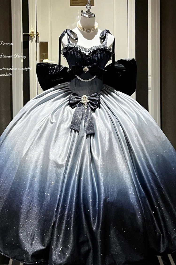 This gorgeous sleeveless JSK dress captures the essence of a serene summer sky with its delicate blue hue. The intricate floral print blossoms across the silhouette, while luxurious lace trim and cascading ruffles create dimension and movement. The elegant bow detail at the back adds a classic Lolita finishing touch. Designed for both sweet and classic coordinations, this piece brings dreamy elegance to any wardrobe. Perfect for tea parties and romantic gatherings, it celebrates timeless beauty and delicate