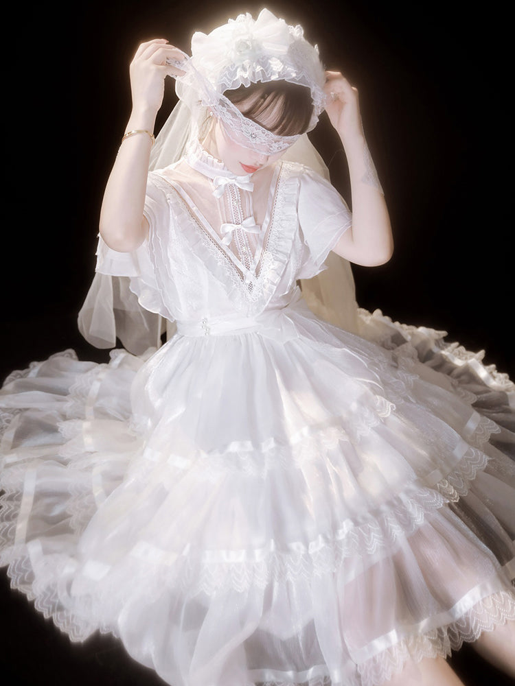 Hime Lolita Elegant White Wedding Lace Flower Dress Gorgeous Affordable Cabbage Daily