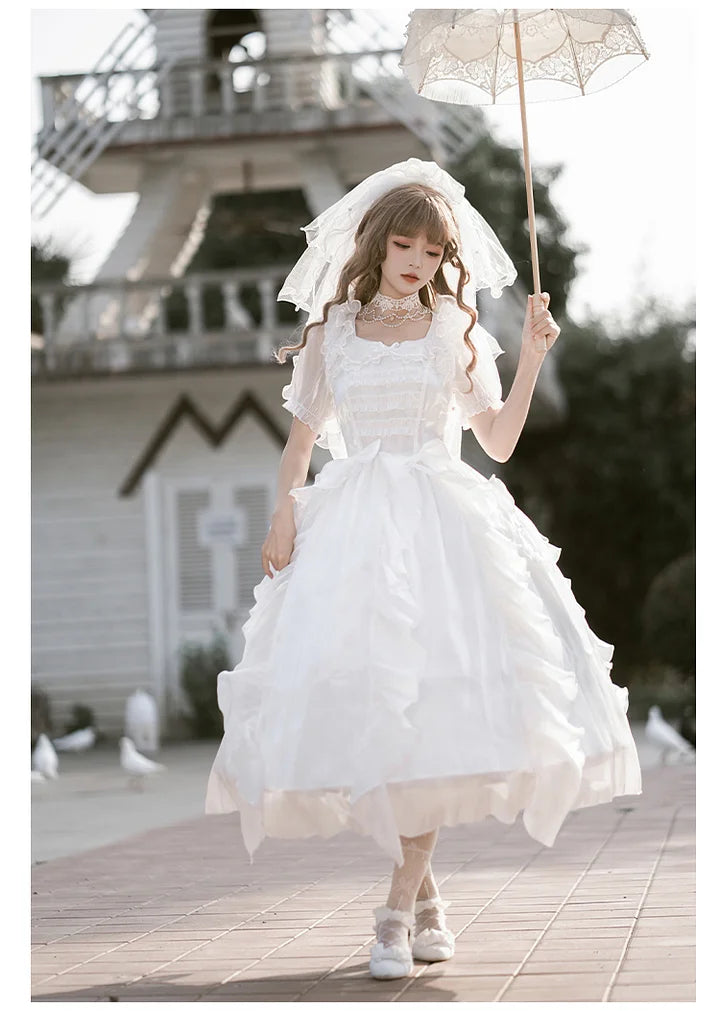 Hime Lolita Elegant White Sweet Wedding Dress Fairy Short Sleeve Lolita Dress Princess Gorgeous