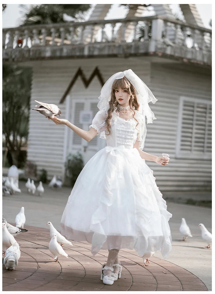 Hime Lolita Elegant White Sweet Wedding Dress Fairy Short Sleeve Lolita Dress Princess Gorgeous