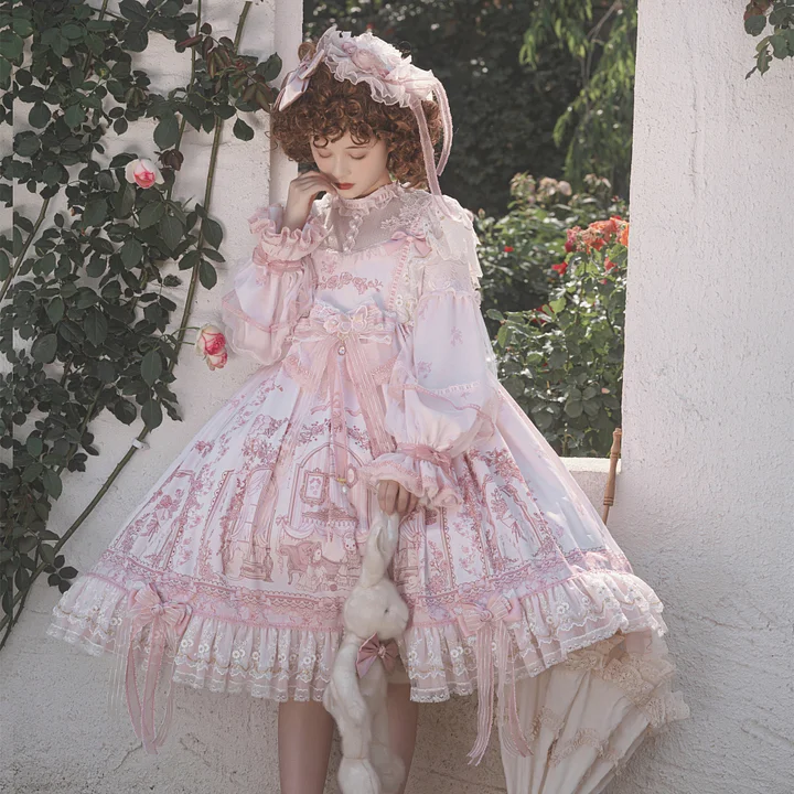 Hime Lolita Tea Party Fashion Flower Gorgeous Full Set Pink Short-sleeved Lace Princess Dress Op