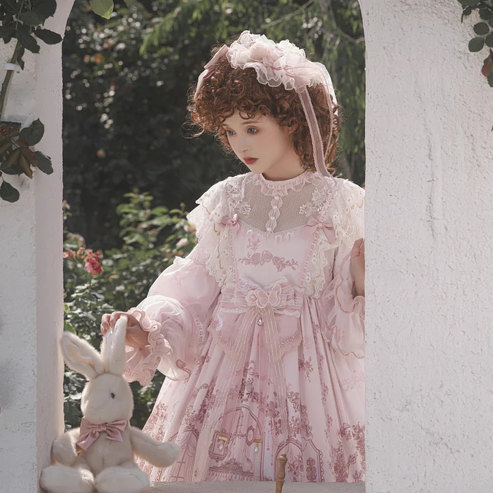 Hime Lolita Tea Party Fashion Flower Gorgeous Full Set Pink Short-sleeved Lace Princess Dress Op