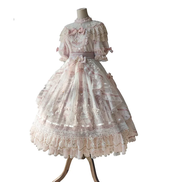 Hime Lolita Tea Party Fashion Flower Gorgeous Full Set Pink Short-sleeved Lace Princess Dress Op