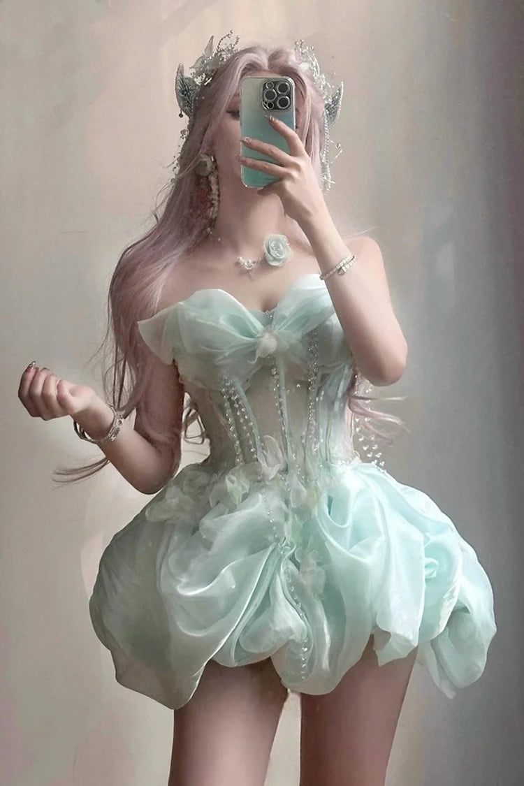 Embrace enchantment in this Green Fairy Lolita JSK. The delicate sleeveless design features a graceful fishbone corset bodice adorned with lustrous pearls and a elegant satin bowknot at the bust. Crafted with a sweet princess silhouette, this dreamy dress combines whimsical charm with timeless elegance. Perfect for creating a magical and romantic Lolita fashion statement.