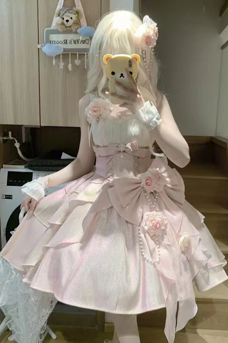 Hime Lolita Pastel Rose Lace Bridal Bow Sweet Princess Luxurious Lolita JSK 3 Colors