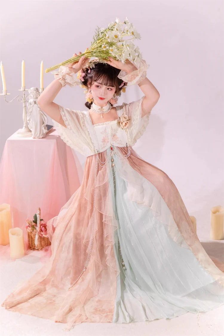 Hime Lolita Pink Ruffled Lace Sweet Chinese Style Elegant Princess Lolita JSK Dress Set