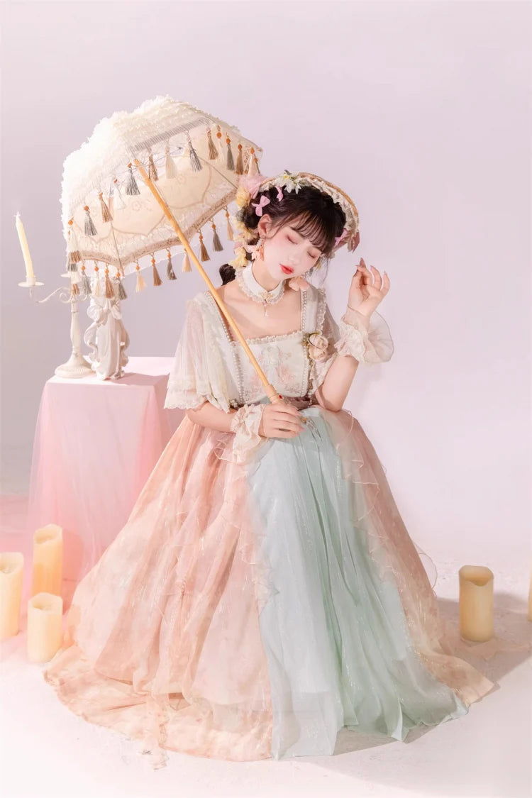 Hime Lolita Pink Ruffled Lace Sweet Chinese Style Elegant Princess Lolita JSK Dress Set