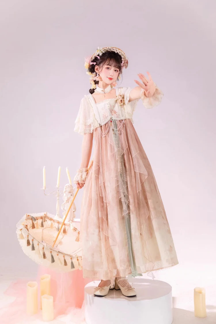 Hime Lolita Pink Ruffled Lace Sweet Chinese Style Elegant Princess Lolita JSK Dress Set