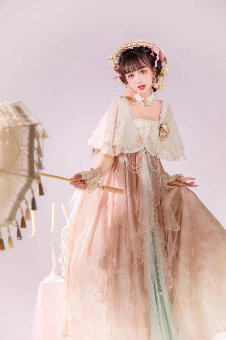 Hime Lolita Pink Ruffled Lace Sweet Chinese Style Elegant Princess Lolita JSK Dress Set
