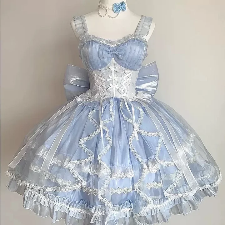 Hime Lolita Sweet Blue Gorgeous Lace Multi-layer Ballet Princess Dress Puff Sleeves Summer