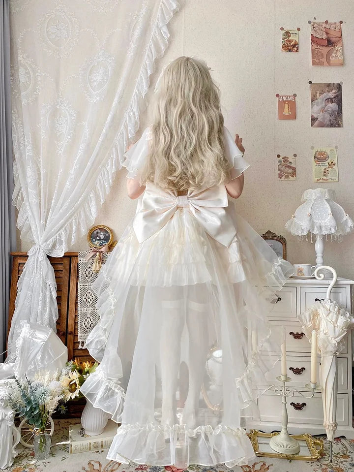 Hime Lolita Sweet Lolita Prom Dresses Ivory Ruffles Princess Wedding Dress Bow Dress Tail JSK