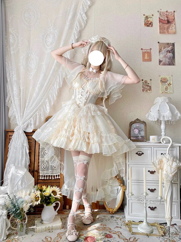 Hime Lolita Sweet Lolita Prom Dresses Ivory Ruffles Princess Wedding Dress Bow Dress Tail JSK
