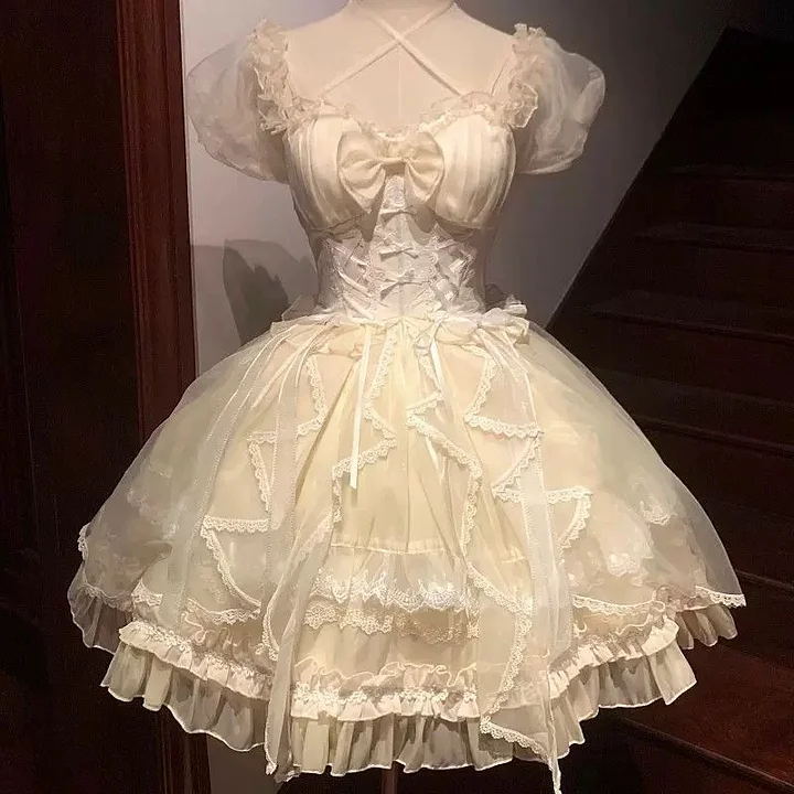 Hime Lolita Sweet White Gorgeous Lace Multi-layer Ballet Princess Dress Puff Sleeves Summer