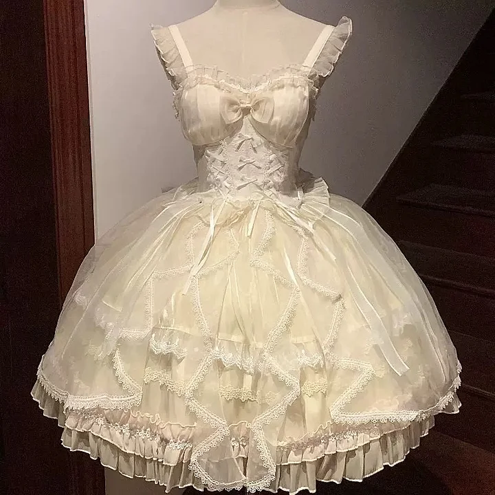 Hime Lolita Sweet White Gorgeous Lace Multi-layer Ballet Princess Dress Puff Sleeves Summer