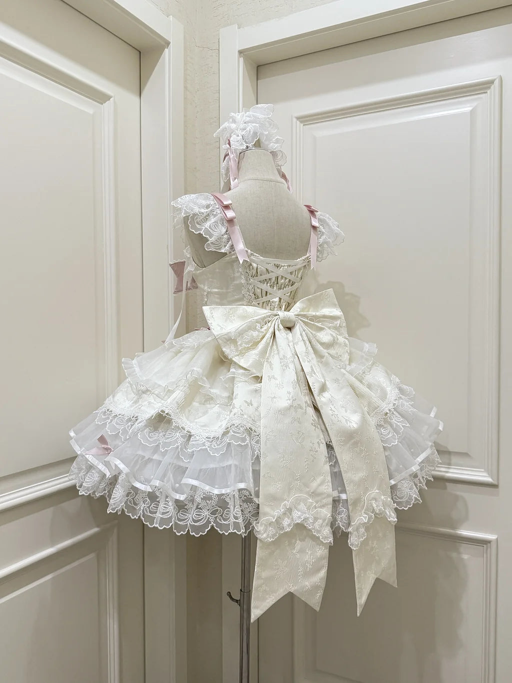 Hime Lolita Sweet with Big Bow Apricot Cake Ruffle Lace Dress Jumper Skirt Summer