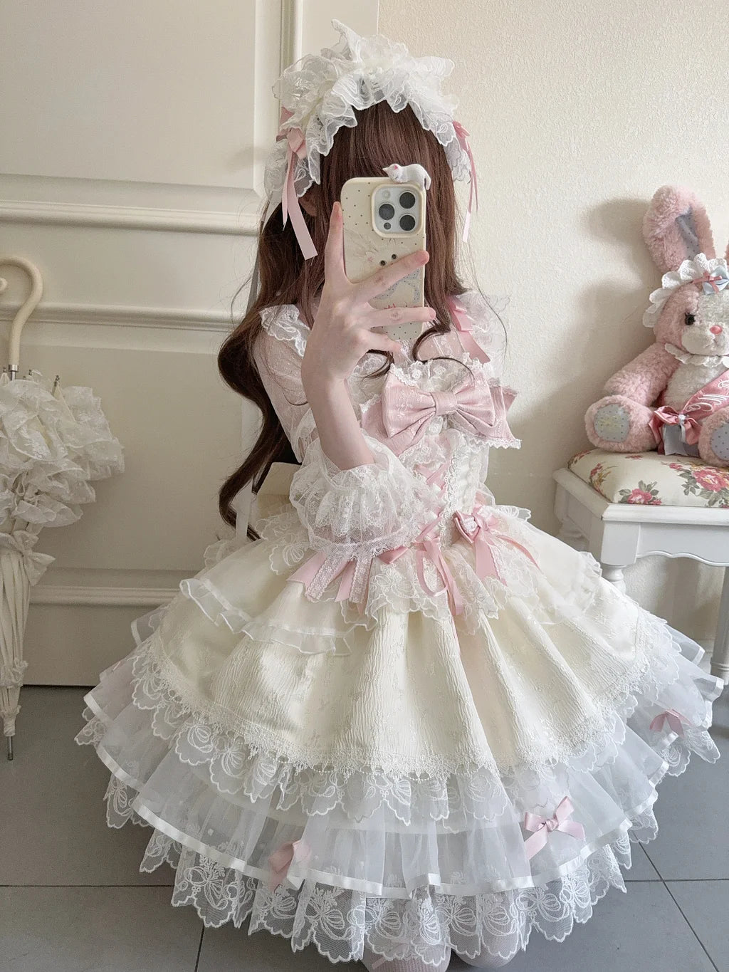 Hime Lolita Sweet with Big Bow Apricot Cake Ruffle Lace Dress Jumper Skirt Summer