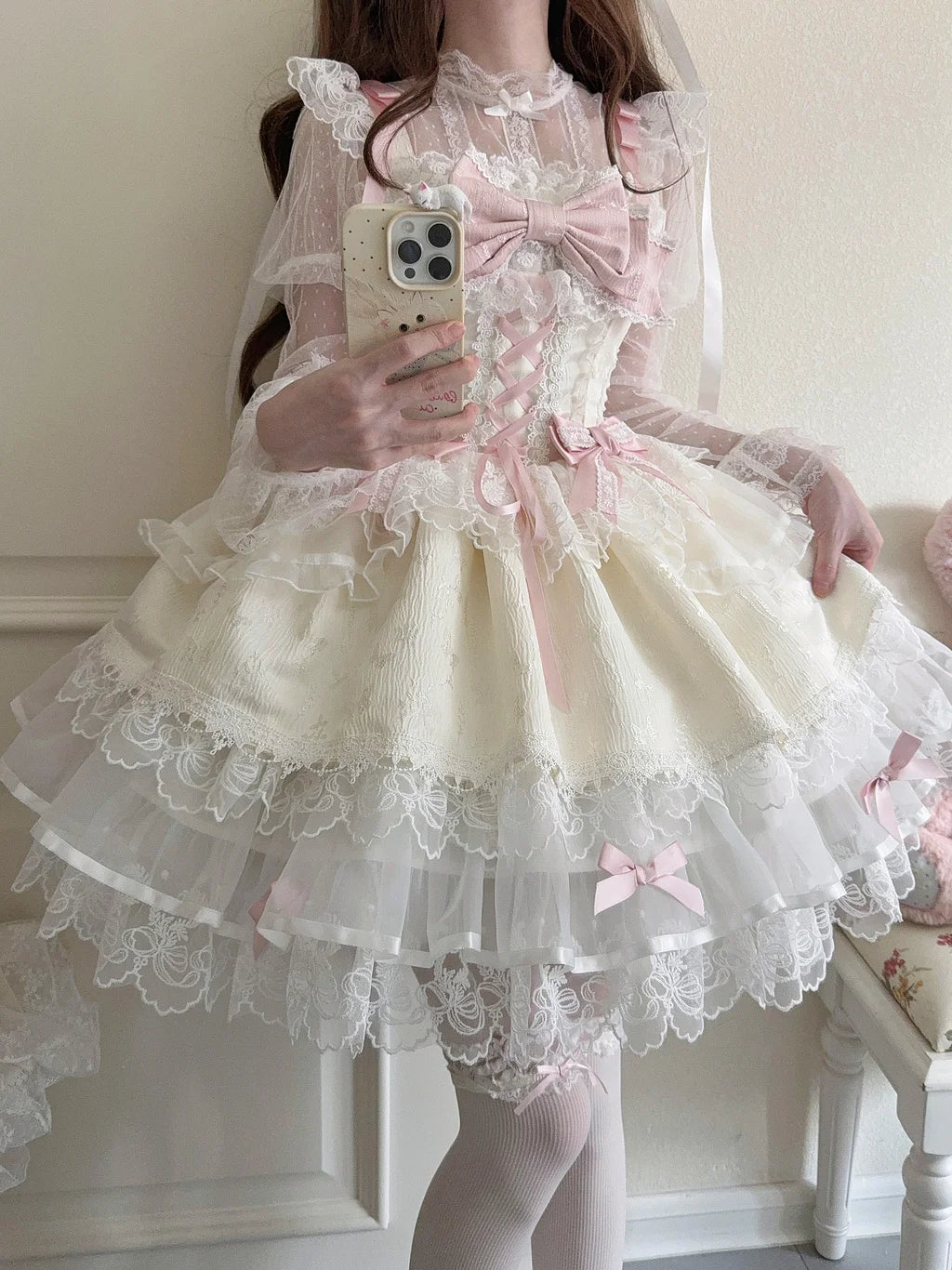 Hime Lolita Sweet with Big Bow Apricot Cake Ruffle Lace Dress Jumper Skirt Summer