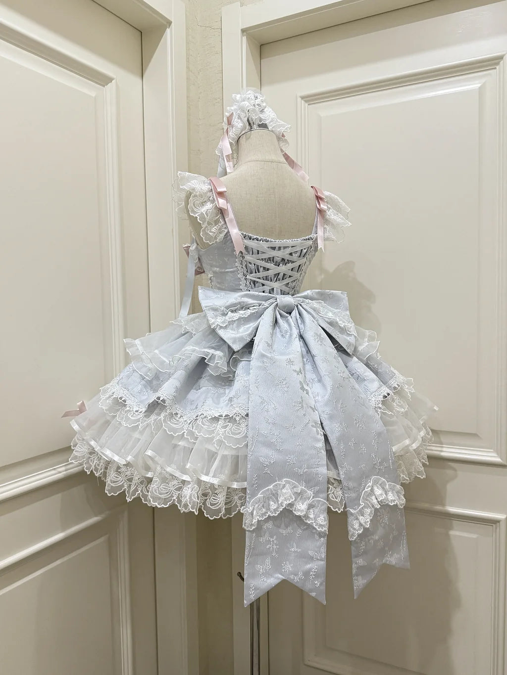Hime Lolita Sweet with Big Bow Blue Cake Ruffle Lace Dress Jumper Skirt Summer