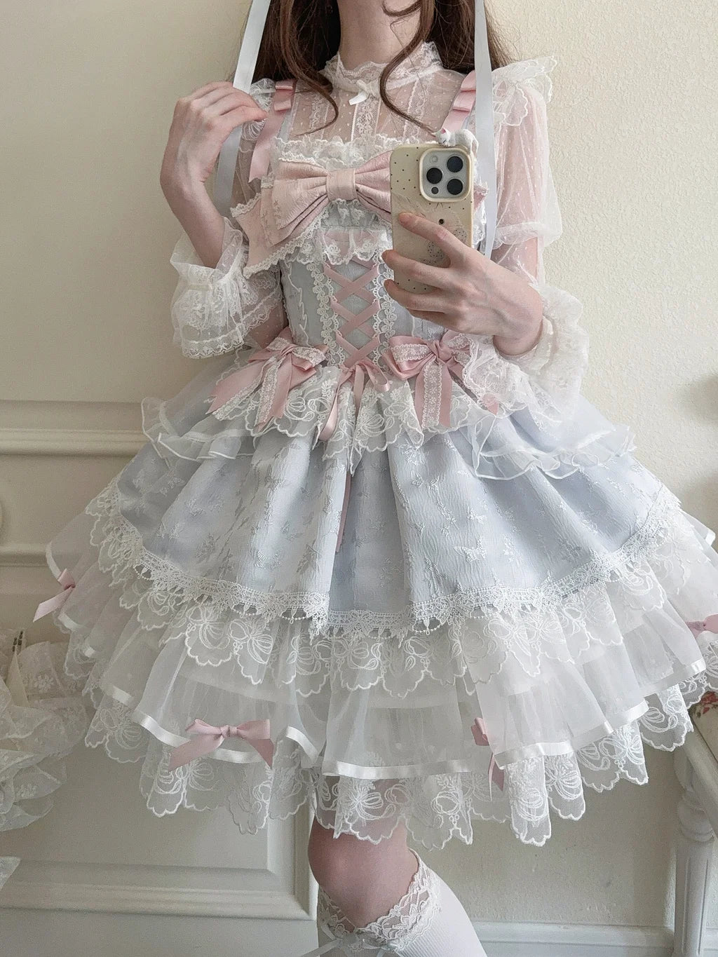 Hime Lolita Sweet with Big Bow Blue Cake Ruffle Lace Dress Jumper Skirt Summer