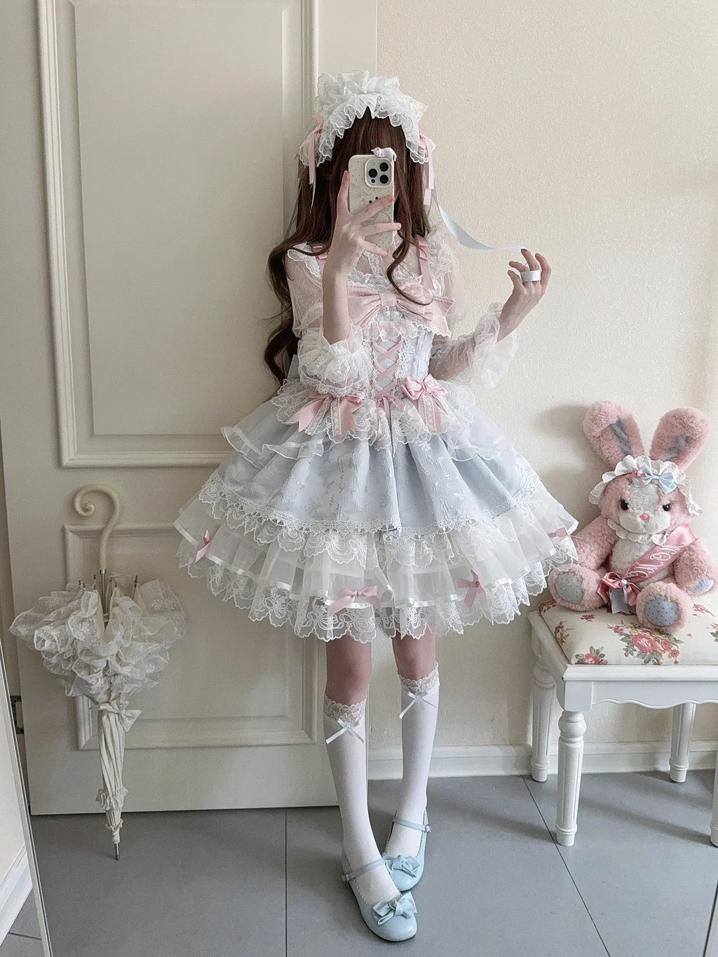Hime Lolita Sweet with Big Bow Blue Cake Ruffle Lace Dress Jumper Skirt Summer