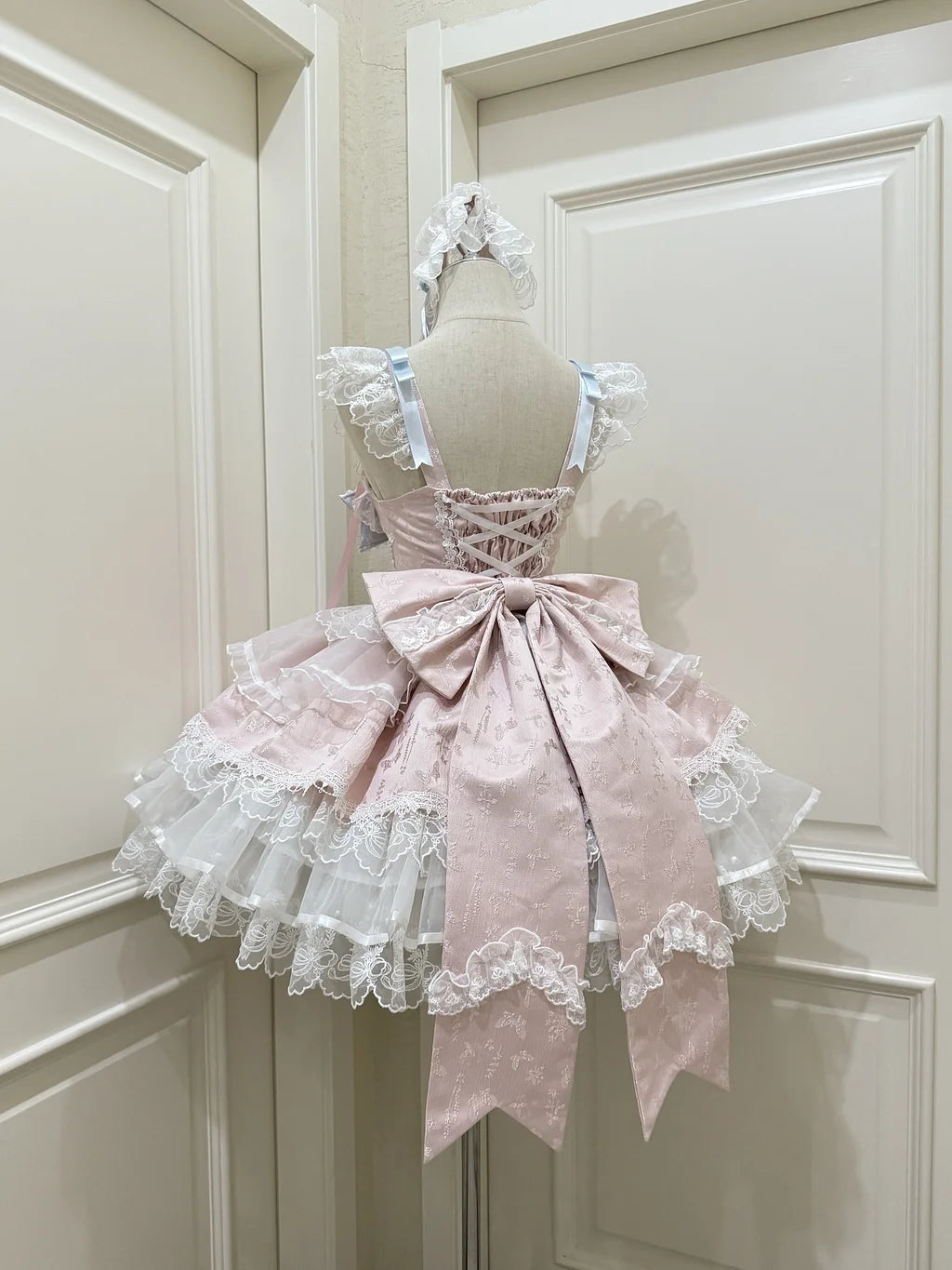 Hime Lolita Sweet with Big Bow Pink Cake Ruffle Lace Dress Jumper Skirt Summer