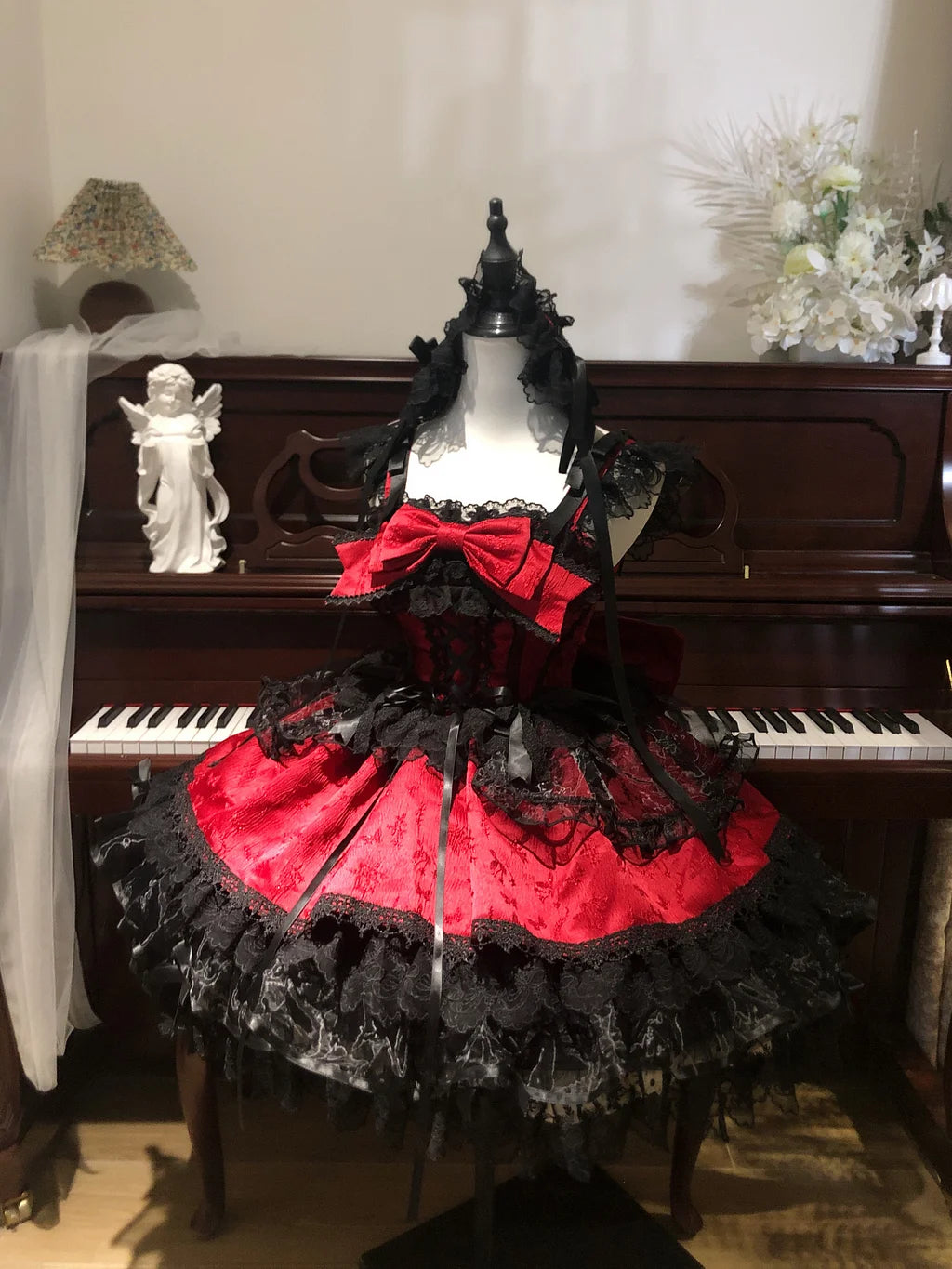 Hime Lolita Sweet with Big Bow Red Cake Ruffle Lace Dress Jumper Skirt Summer