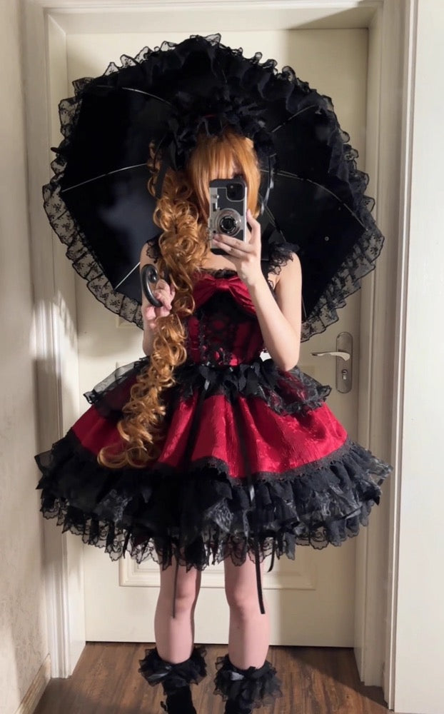 Hime Lolita Sweet with Big Bow Red Cake Ruffle Lace Dress Jumper Skirt Summer