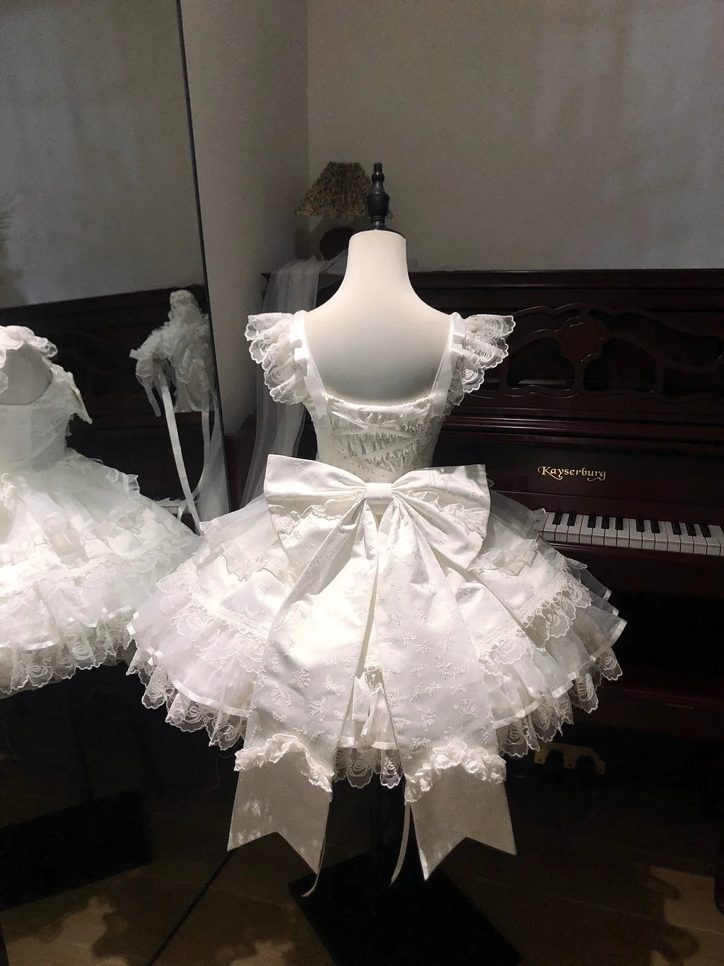 Hime Lolita Sweet with Big Bow White Wedding Cake Ruffle Lace Dress Jumper Skirt Summer