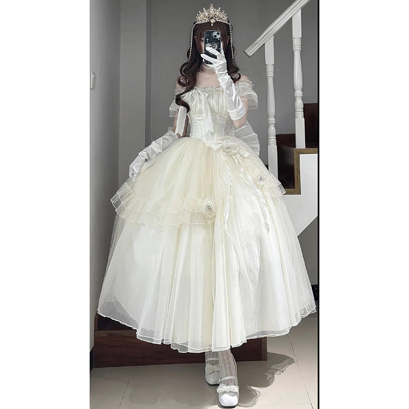 Hime Lolita Apricot White Wedding Ball Gown Lolita Dress with Organza Layers