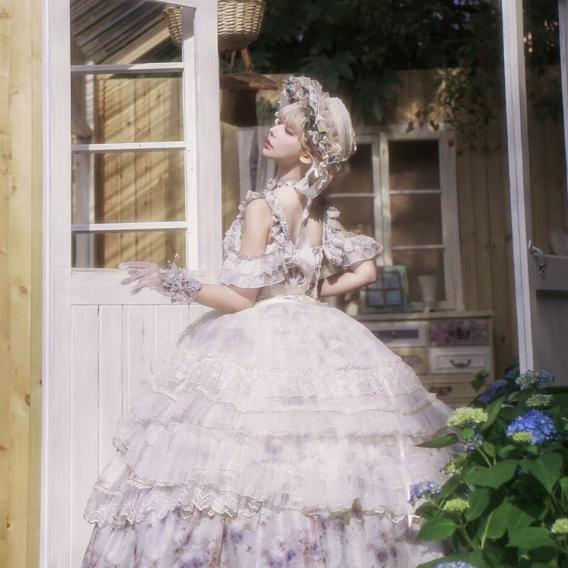 Hime Lolita Tea Party Fashion Ethereal Floral Blue Layer Lace Dress with Whimsical Accents