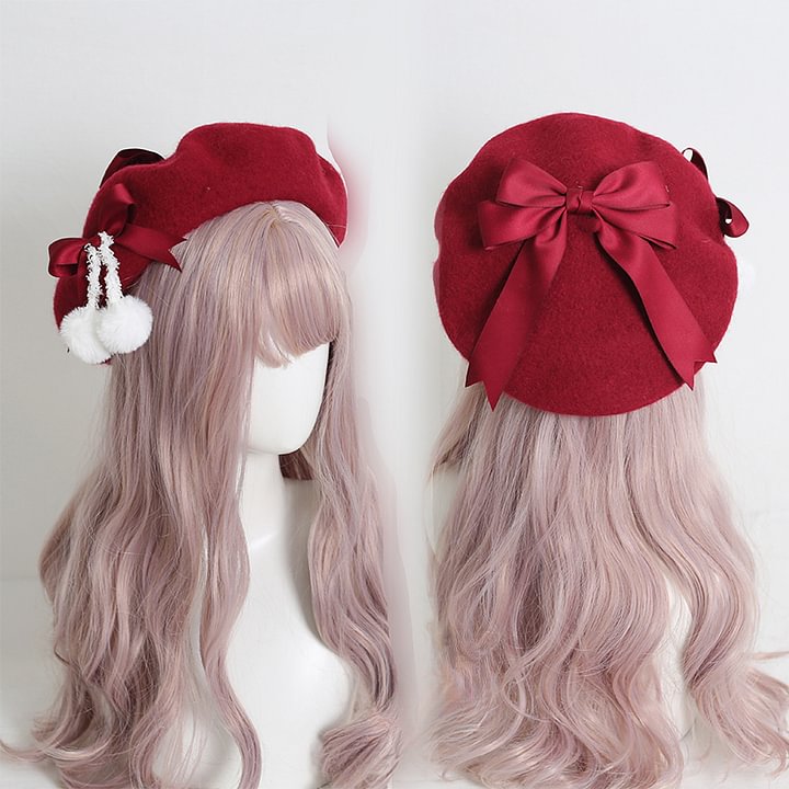 Japanese Beret Lolita Sweet Woolen Pom-pom Bow Autumn and Winter Thermal Hat