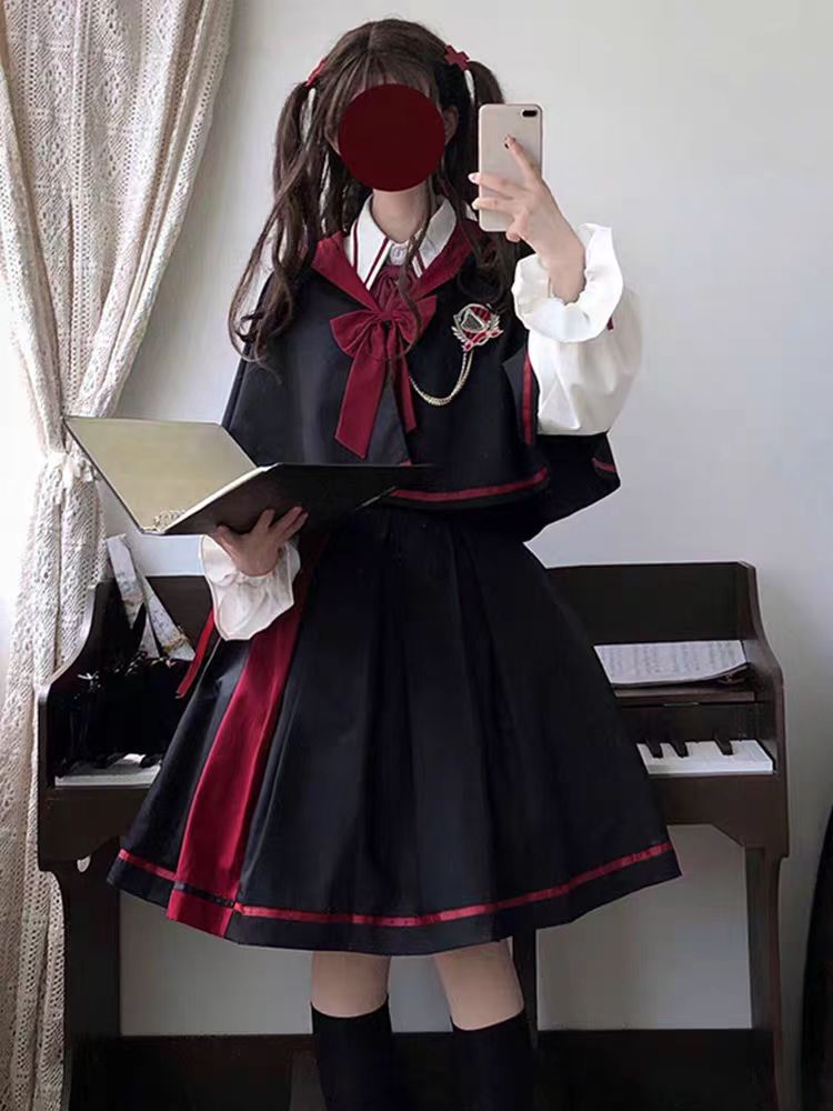 Jirai Kei Fashion Magic Academy Uniform Lolita Cape Short Skirt Set Japanese Cute Halloween JK Dress