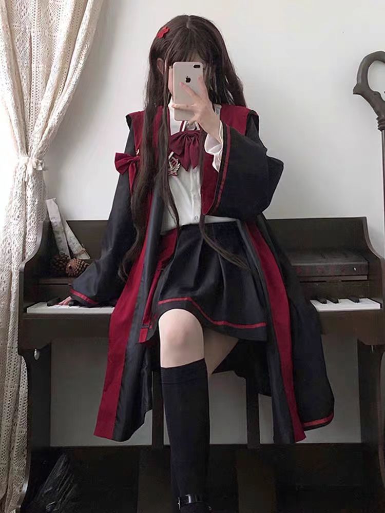 Jirai Kei Fashion Magic Academy Uniform Lolita Cape Short Skirt Set Japanese Cute Halloween JK Dress