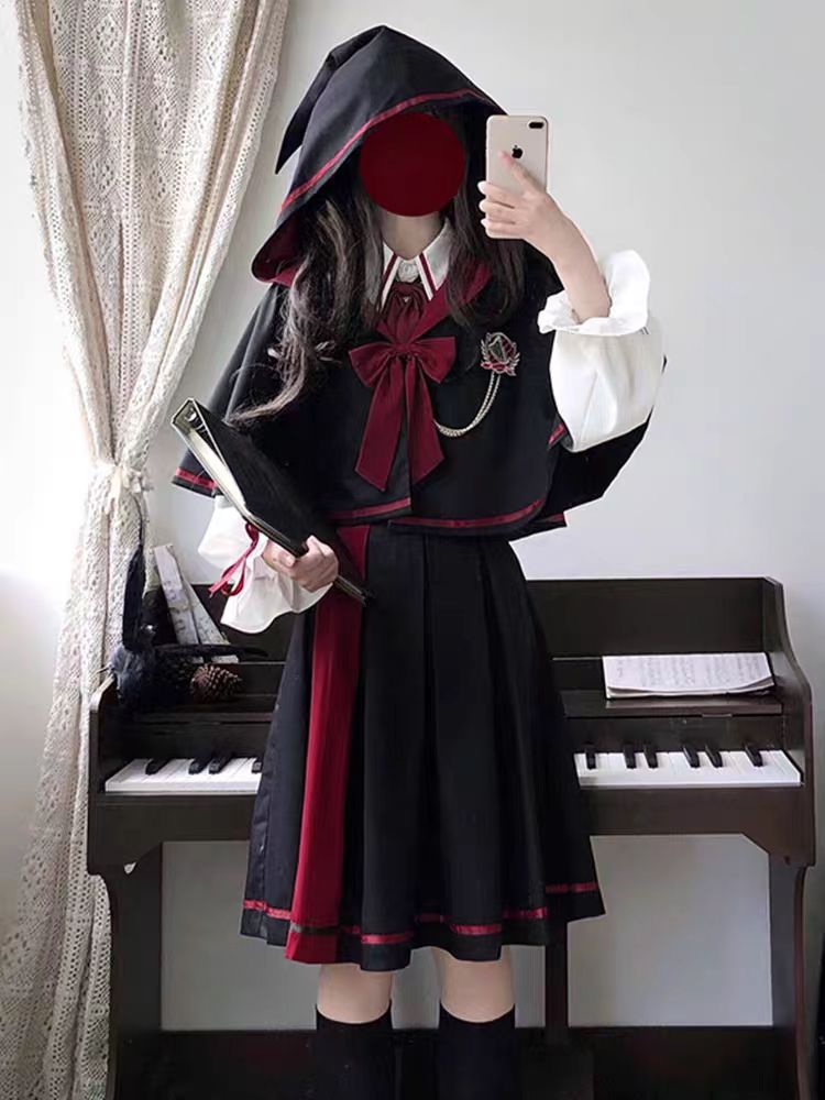 Jirai Kei Fashion Magic Academy Uniform Lolita Cape Short Skirt Set Japanese Cute Halloween JK Dress