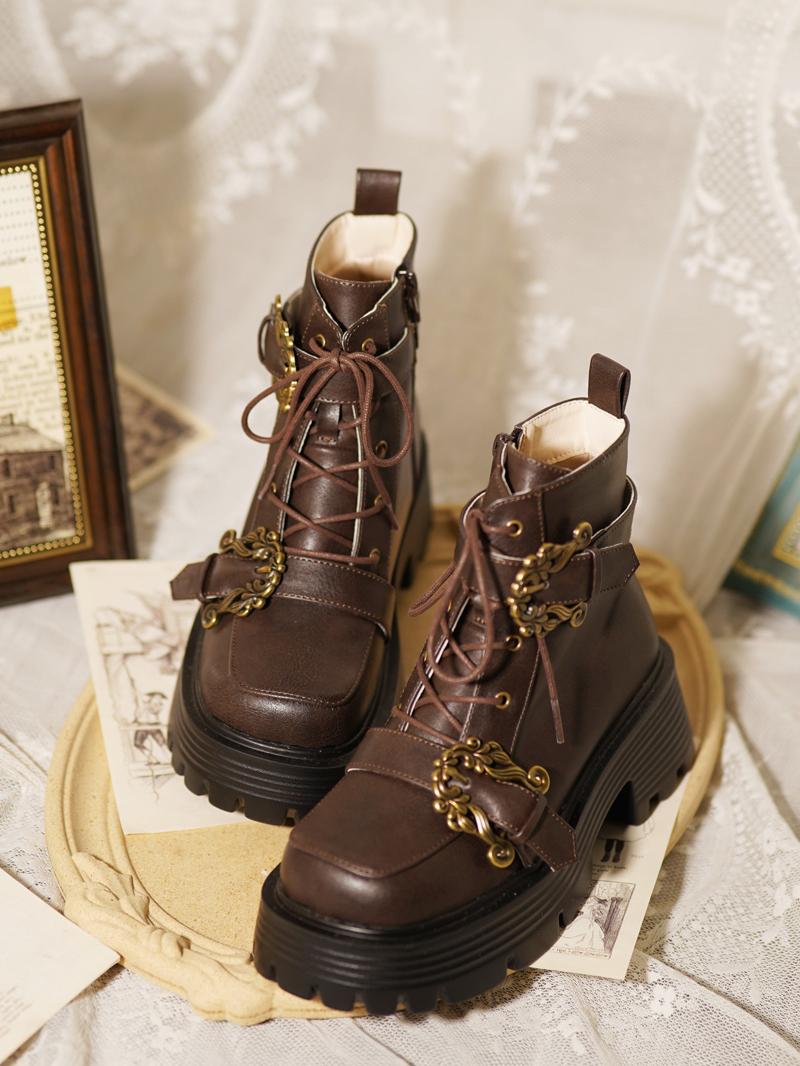 Knight Martin Boots Brown Retro Knight Boots Children Autumn and Winter Lolita Shoes
