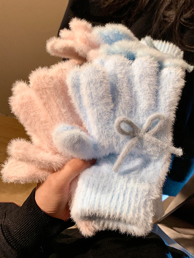 Lolita Hand Accessory Korean Cute Blue Bow Plush Knitted Gloves Women's Autumn and Winter Velvet