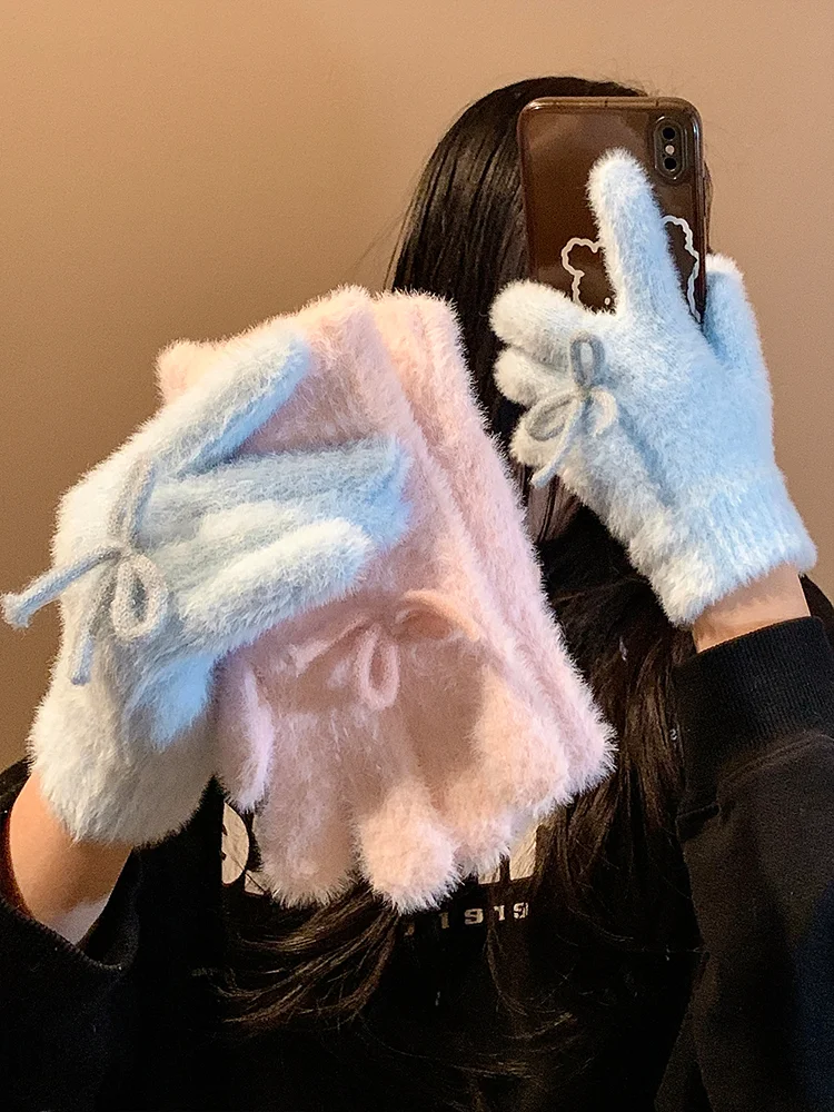 Lolita Hand Accessory Korean Cute Blue Bow Plush Knitted Gloves Women's Autumn and Winter Velvet