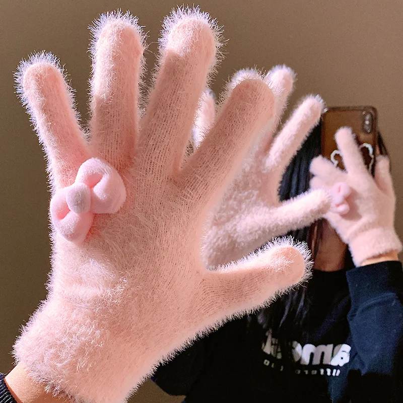 Lolita Hand Accessory Korean Cute Blue Bow Plush Knitted Gloves Women's Autumn and Winter Velvet