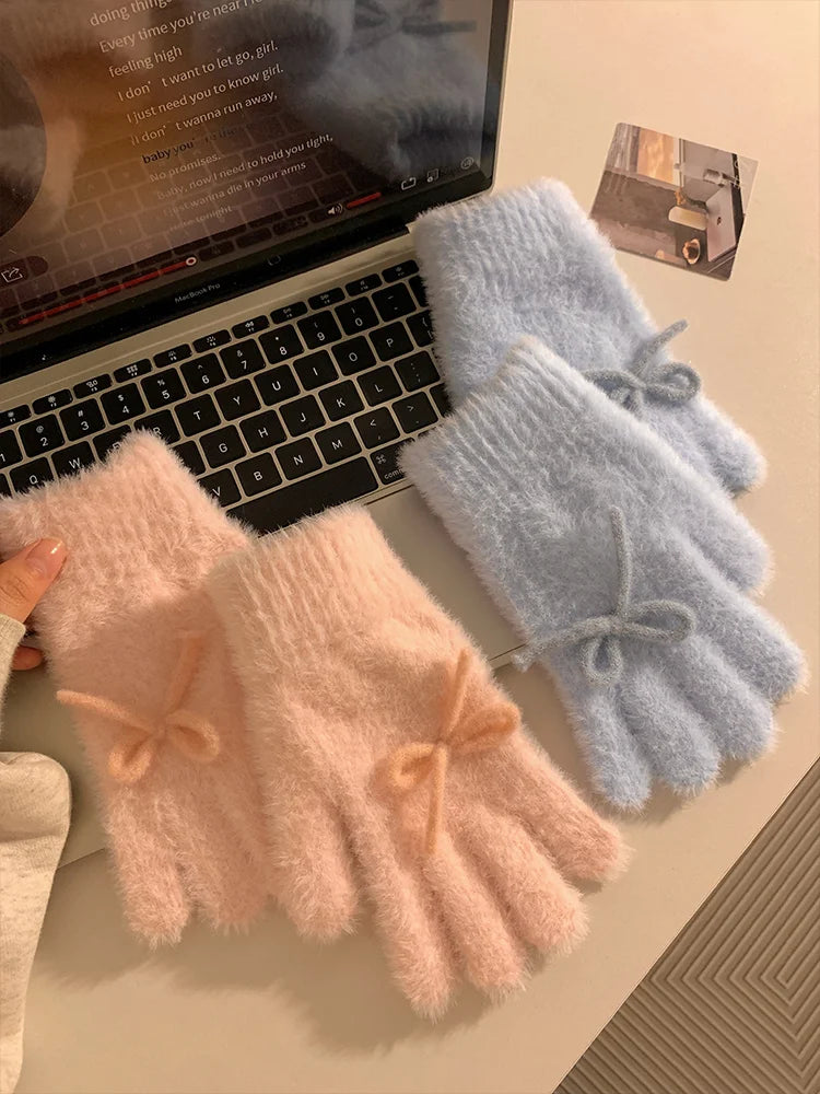 Lolita Hand Accessory Korean Cute Blue Bow Plush Knitted Gloves Women's Autumn and Winter Velvet