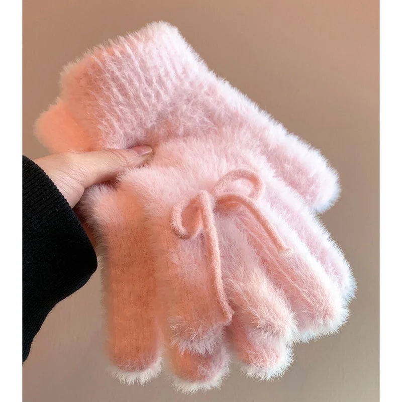 Lolita Hand Accessory Korean Cute Blue Bow Plush Knitted Gloves Women's Autumn and Winter Velvet