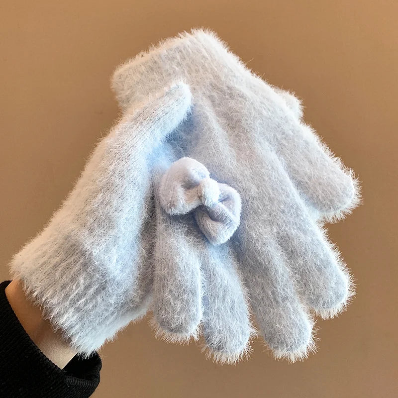 Lolita Hand Accessory Korean Cute Blue Bow Plush Knitted Gloves Women's Autumn and Winter Velvet