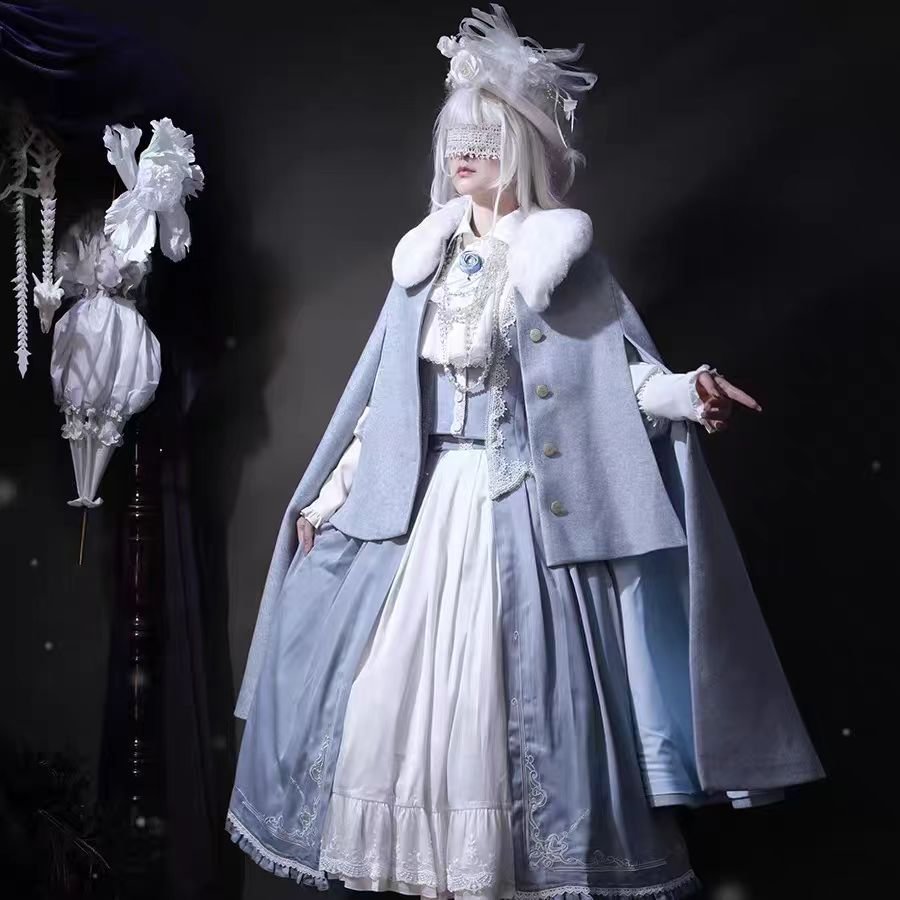 Light Blue Classic Lolita Skirt Set with Elegant Winter Cape Lolita Dresses Lolita Coats
