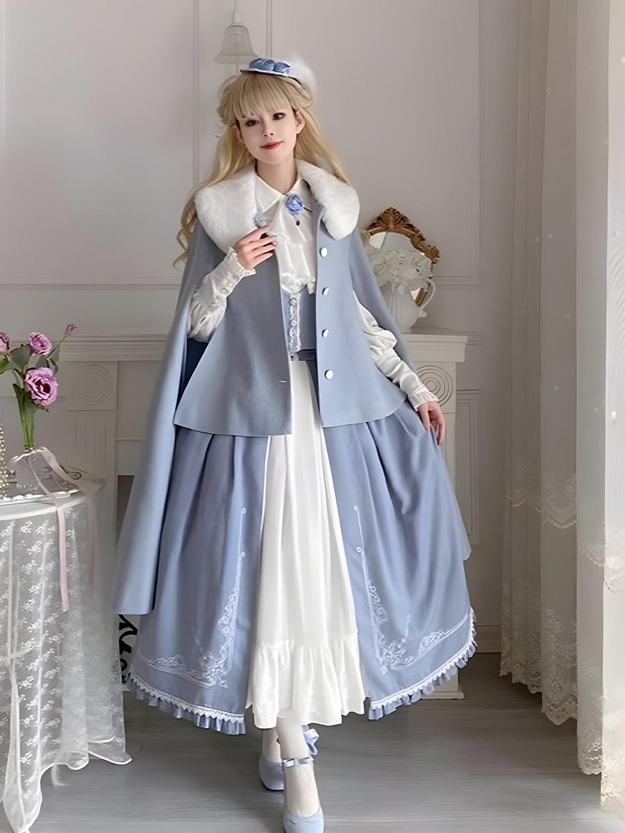 Light Blue Classic Lolita Skirt Set with Elegant Winter Cape Lolita Dresses Lolita Coats