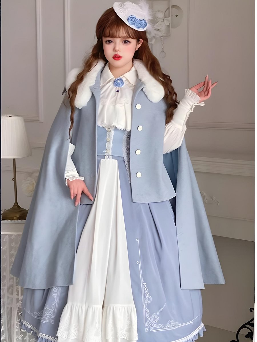 Light Blue Classic Lolita Skirt Set with Elegant Winter Cape Lolita Dresses Lolita Coats