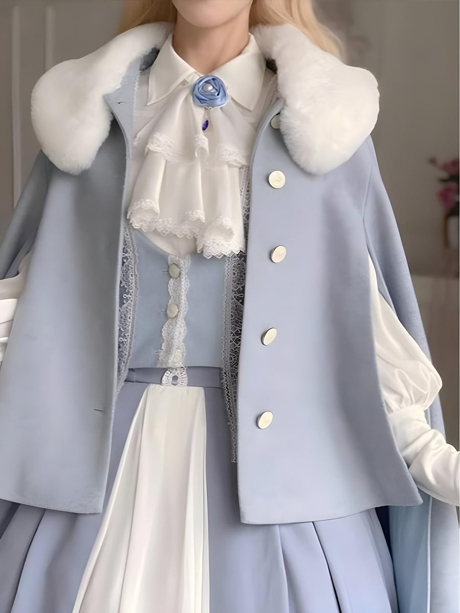 Light Blue Classic Lolita Skirt Set with Elegant Winter Cape Lolita Dresses Lolita Coats
