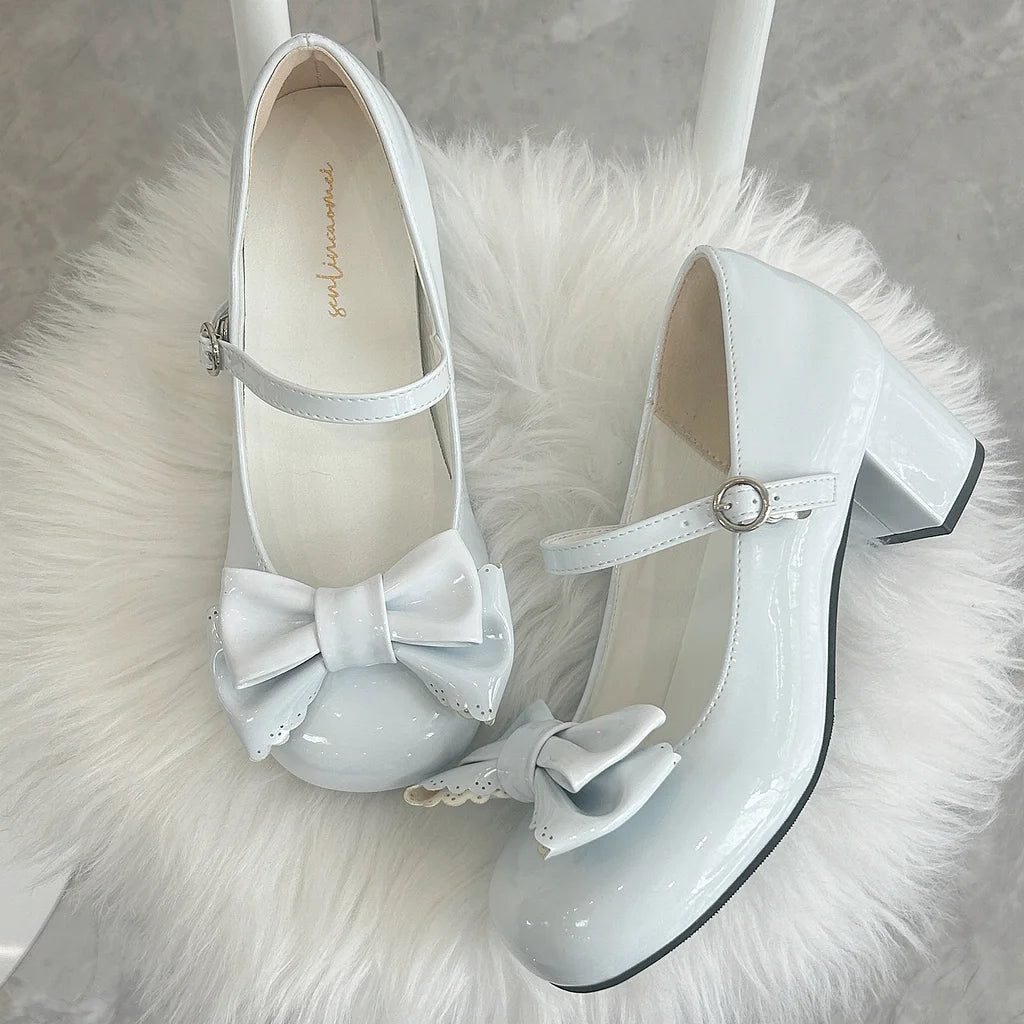 Light Blue Lolita Cute Bow Round Toe Lolita Leather Shoes