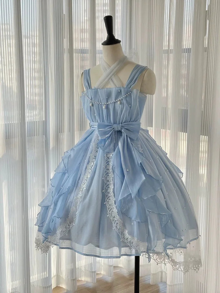 Hime Lolita Light Blue Pearl Elegant Short Prom Organza Lace  Fairy Princess Dress