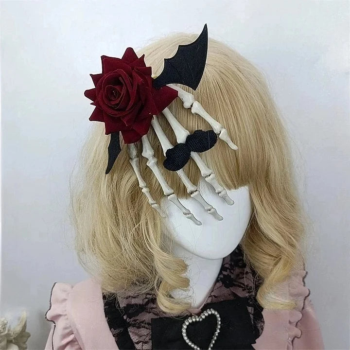 Lolita Accessories Dark Gothic Rose Finger Hair Clips Halloween Black Cool Female Headwear and Accessories