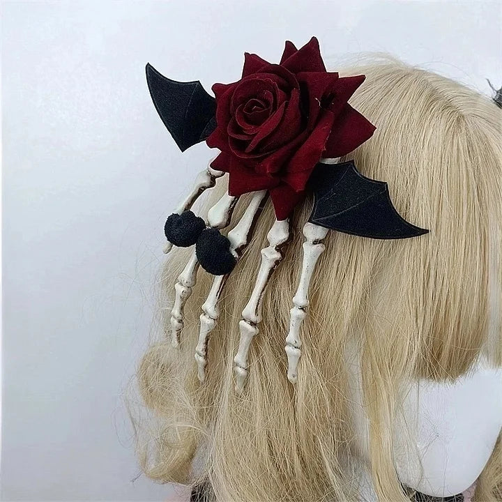 Lolita Accessories Dark Gothic Rose Finger Hair Clips Halloween Black Cool Female Headwear and Accessories