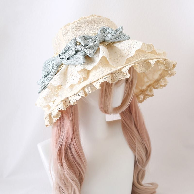 Lolita Accessories Headwear Apricot Lace Bow Wide-brimmed Hat Hair Accessories